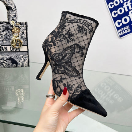 DIOR 25S POINTED-TOE ANKLE BOOTS 95 MM IN BLACK MESH TULLE AND SUEDE STYLE 1