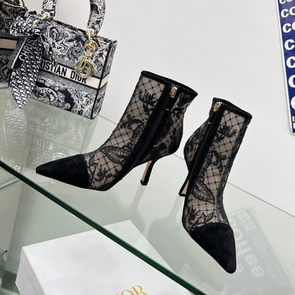DIOR 25S POINTED-TOE ANKLE BOOTS 95 MM IN BLACK MESH TULLE AND SUEDE