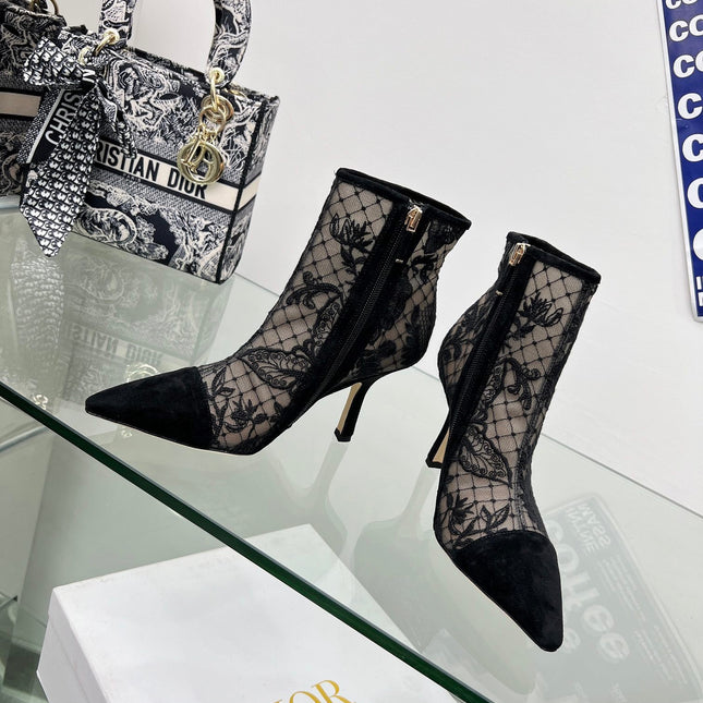 DIOR 25S POINTED-TOE ANKLE BOOTS 95 MM IN BLACK MESH TULLE AND SUEDE