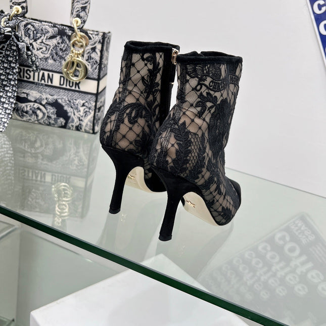 DIOR 25S POINTED-TOE ANKLE BOOTS 95 MM IN BLACK MESH TULLE AND SUEDE