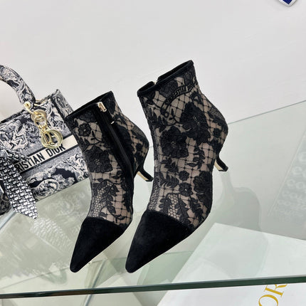 DIOR 25S POINTED-TOE ANKLE BOOTS 50 MM IN BLACK MESH TULLE AND SUEDE