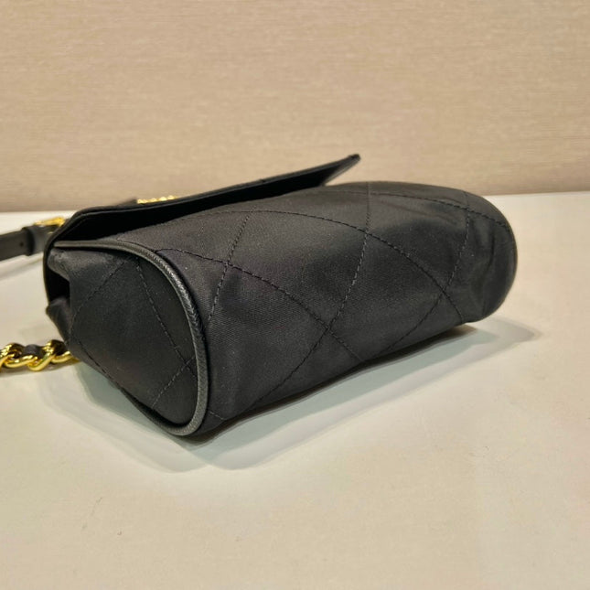 MINI QUILTED FLAP BAG 14 IN BLACK RE-NYLON FABRIC GOLD CHAIN