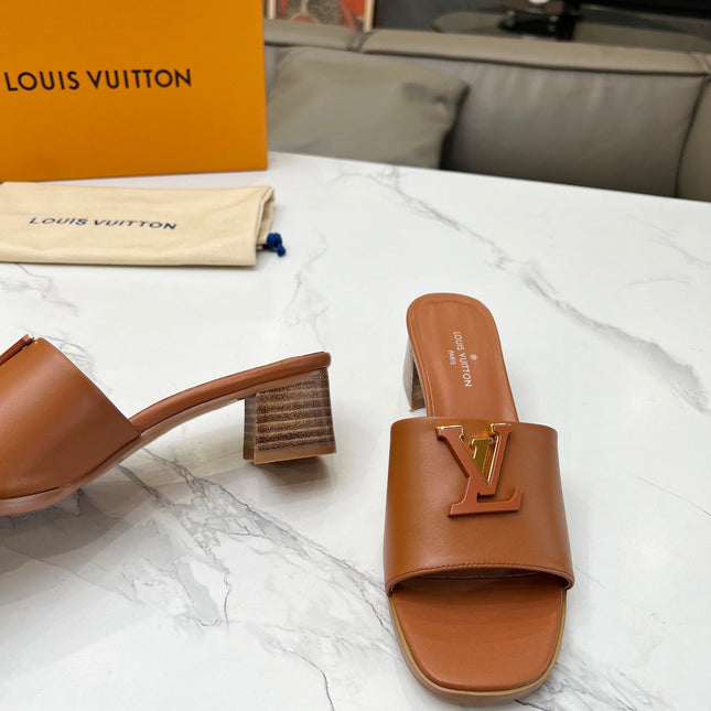 LV 26S CAPRI HIGH-HEELED MULES IN BROWN CALFSKIN