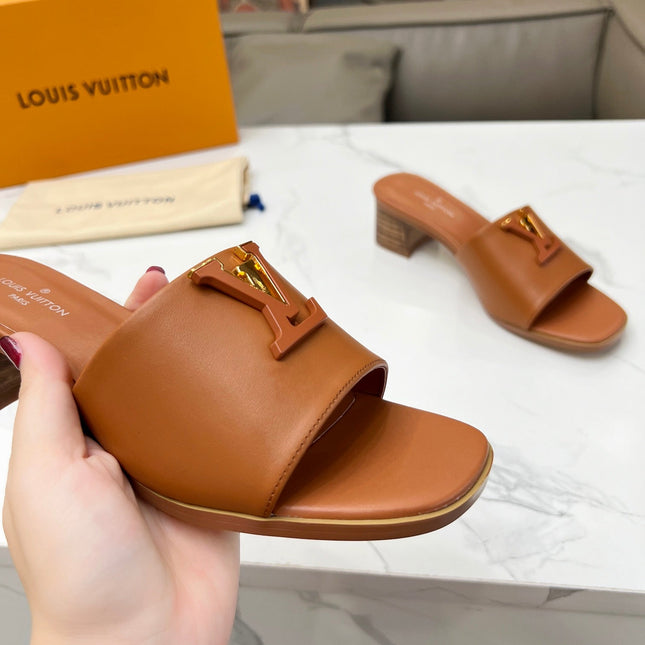 LV 26S CAPRI HIGH-HEELED MULES IN BROWN CALFSKIN