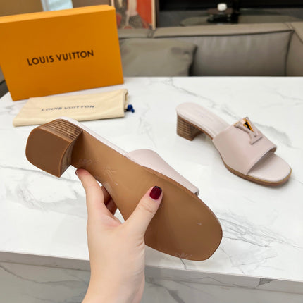 LV 26S CAPRI HIGH-HEELED MULES IN DARK BEIGE CALFSKIN