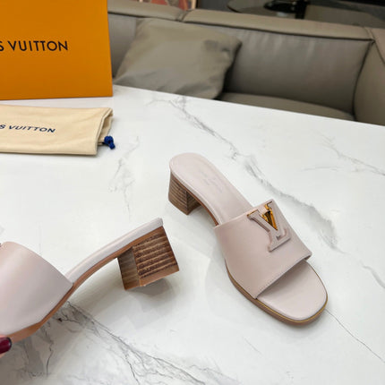LV 26S CAPRI HIGH-HEELED MULES IN DARK BEIGE CALFSKIN