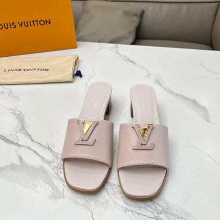 LV 26S CAPRI HIGH-HEELED MULES IN DARK BEIGE CALFSKIN