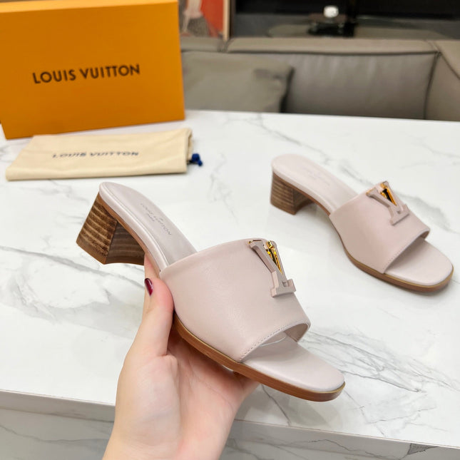 LV 26S CAPRI HIGH-HEELED MULES IN DARK BEIGE CALFSKIN