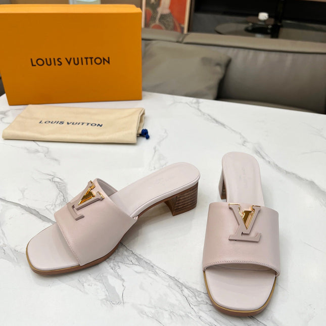 LV 26S CAPRI HIGH-HEELED MULES IN DARK BEIGE CALFSKIN