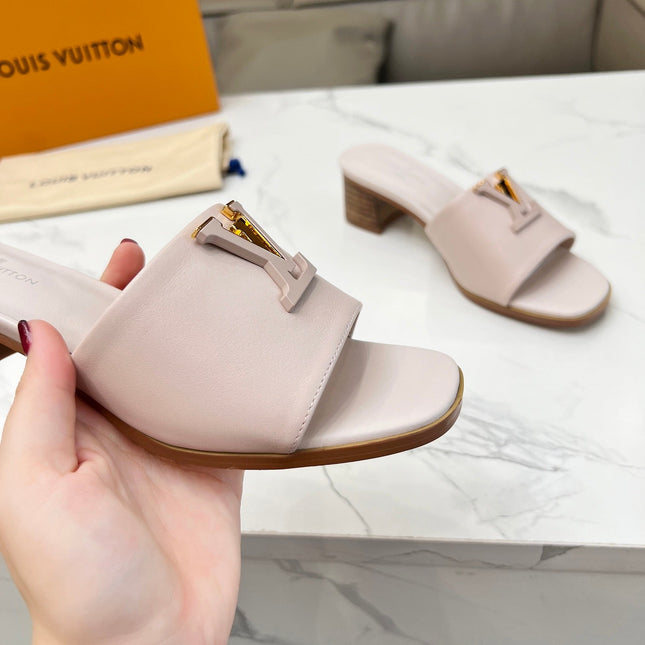 LV 26S CAPRI HIGH-HEELED MULES IN DARK BEIGE CALFSKIN