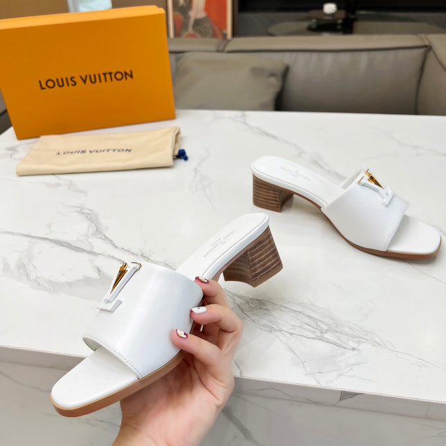 LV 26S CAPRI HIGH-HEELED MULES IN WHITE CALFSKIN