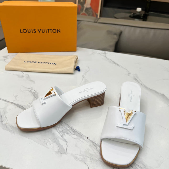 LV 26S CAPRI HIGH-HEELED MULES IN WHITE CALFSKIN