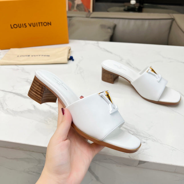 LV 26S CAPRI HIGH-HEELED MULES IN WHITE CALFSKIN