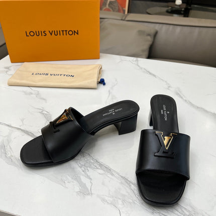 LV 26S CAPRI HIGH-HEELED MULES IN BLACK CALFSKIN