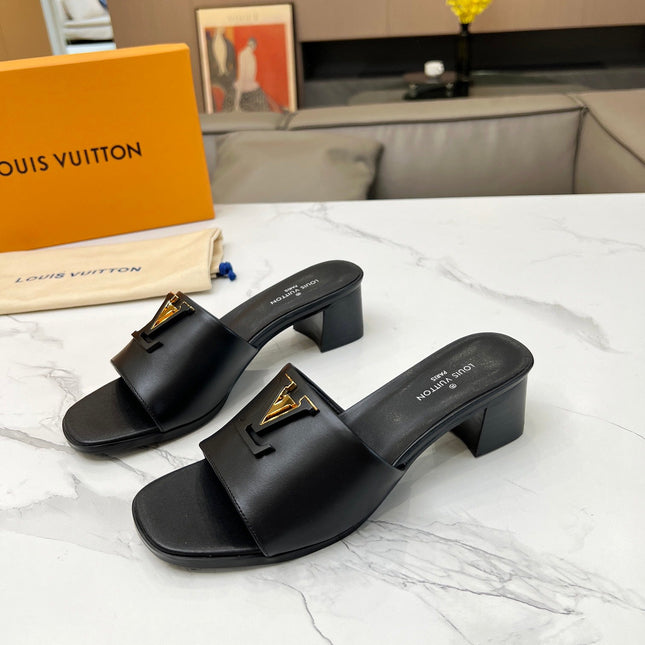 LV 26S CAPRI HIGH-HEELED MULES IN BLACK CALFSKIN