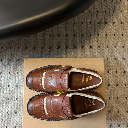 MIUMIU 26S FRINGE BUCKLE LOAFERS IN BROWN CALFSKIN
