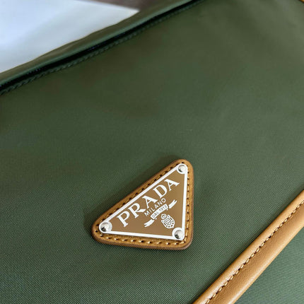 LARGE FLAP BAG 30 IN SEAWEED GREEN RE-NYLON AND BROWN CALFSKIN TRIM