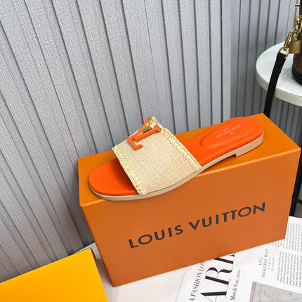 LV 26S FLAT SLIDES IN ORANGE CALFSKIN AND BEIGE RAFFIA