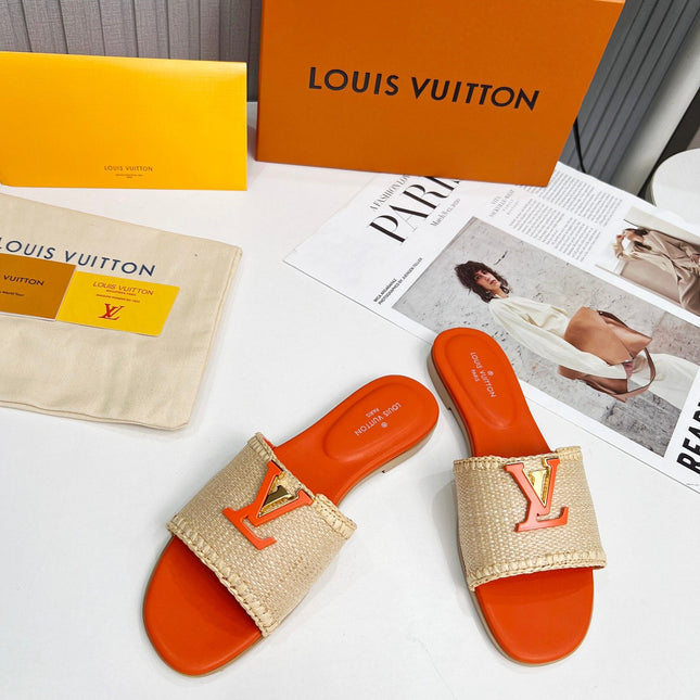 LV 26S FLAT SLIDES IN ORANGE CALFSKIN AND BEIGE RAFFIA