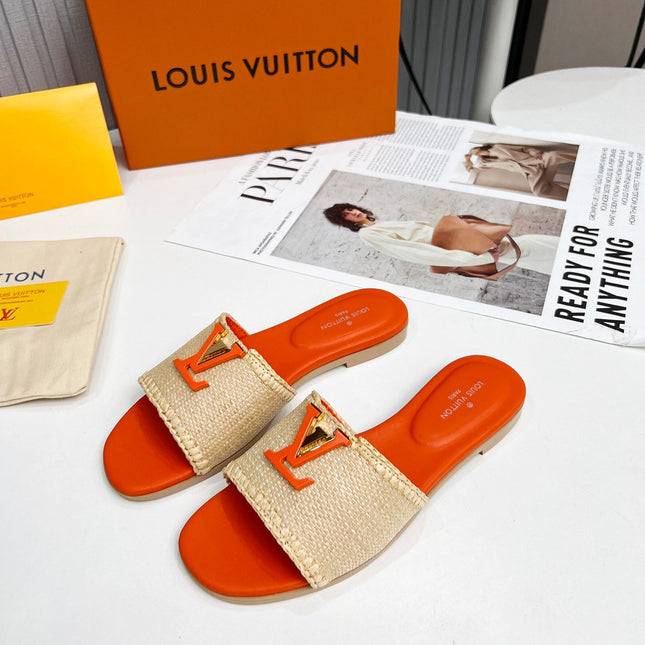 LV 26S FLAT SLIDES IN ORANGE CALFSKIN AND BEIGE RAFFIA