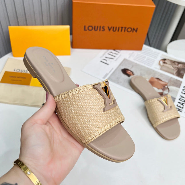 LV 26S FLAT SLIDES IN DARK BEIGE CALFSKIN AND RAFFIA