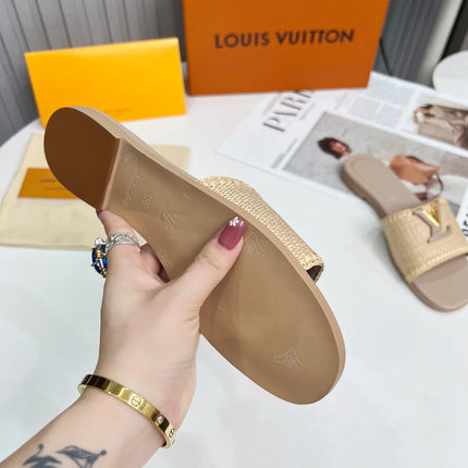LV 26S FLAT SLIDES IN DARK BEIGE CALFSKIN AND RAFFIA