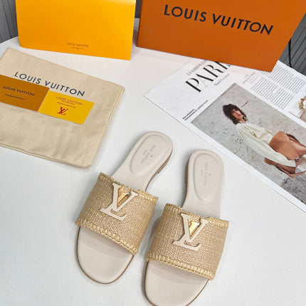 LV 26S FLAT SLIDES IN IVORY BEIGE CALFSKIN AND RAFFIA