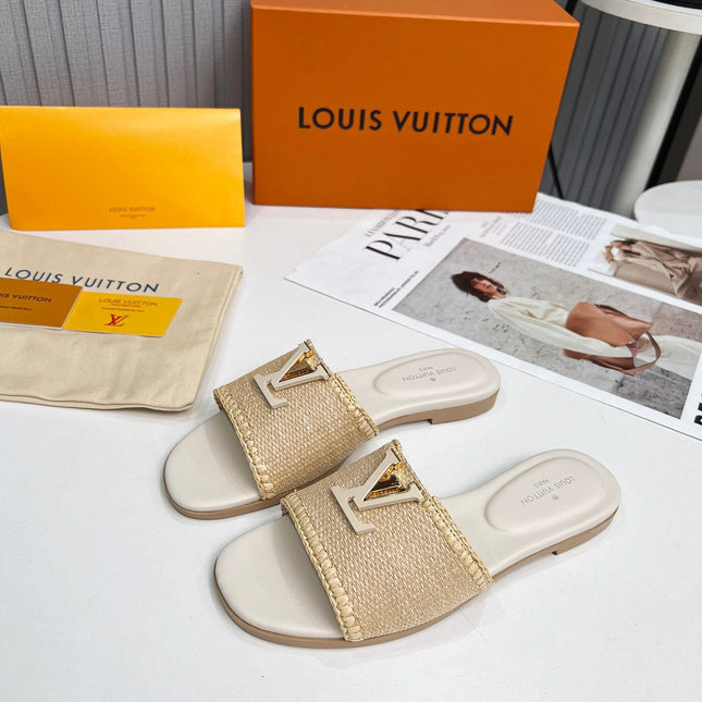 LV 26S FLAT SLIDES IN IVORY BEIGE CALFSKIN AND RAFFIA