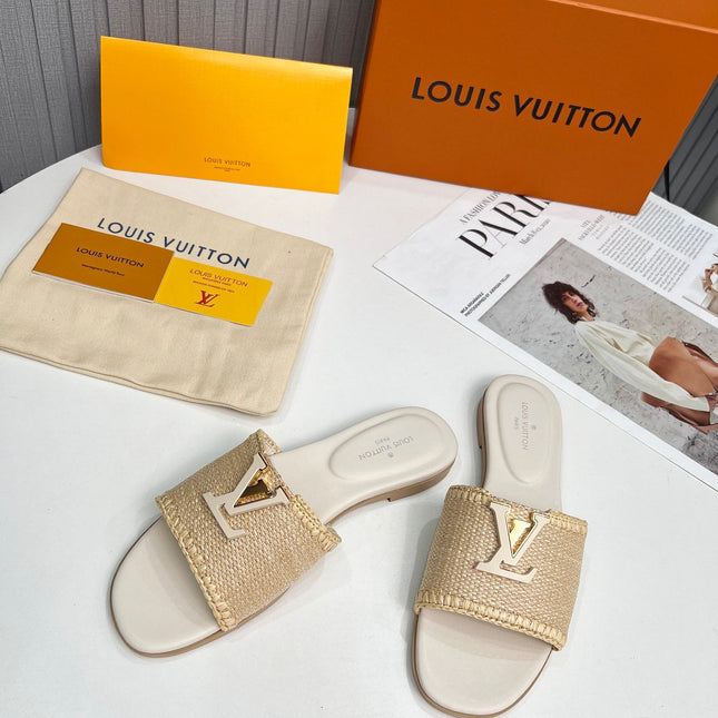 LV 26S FLAT SLIDES IN IVORY BEIGE CALFSKIN AND RAFFIA