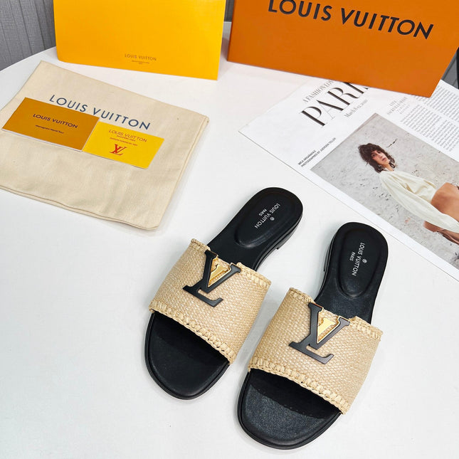 LV 26S FLAT SLIDES IN BLACK CALFSKIN AND BEIGE RAFFIA