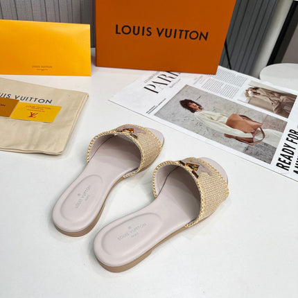 LV 26S FLAT SLIDES IN ASH BEIGE CALFSKIN AND RAFFIA