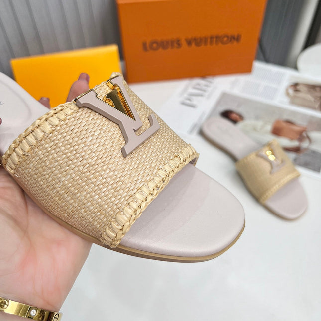 LV 26S FLAT SLIDES IN ASH BEIGE CALFSKIN AND RAFFIA