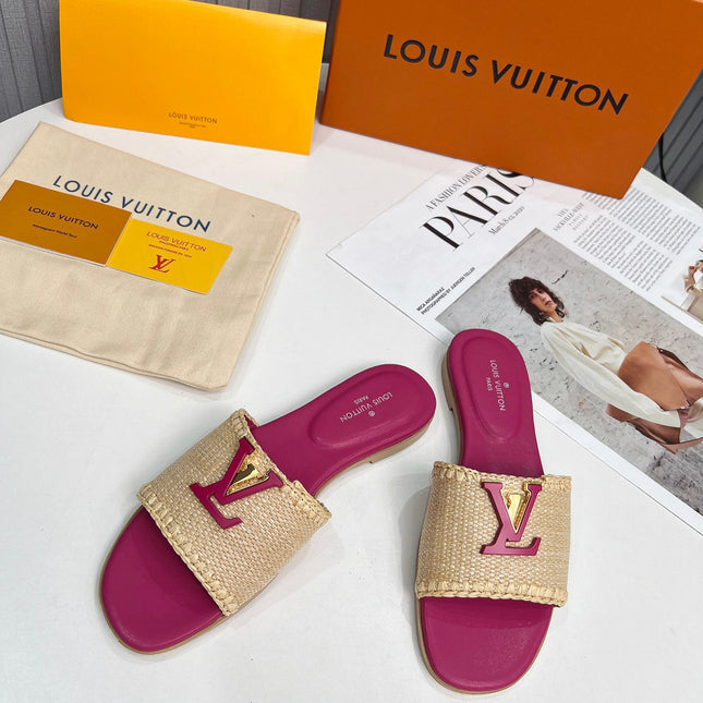 LV 26S FLAT SLIDES IN PINK CALFSKIN AND BEIGE RAFFIA