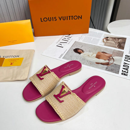 LV 26S FLAT SLIDES IN PINK CALFSKIN AND BEIGE RAFFIA