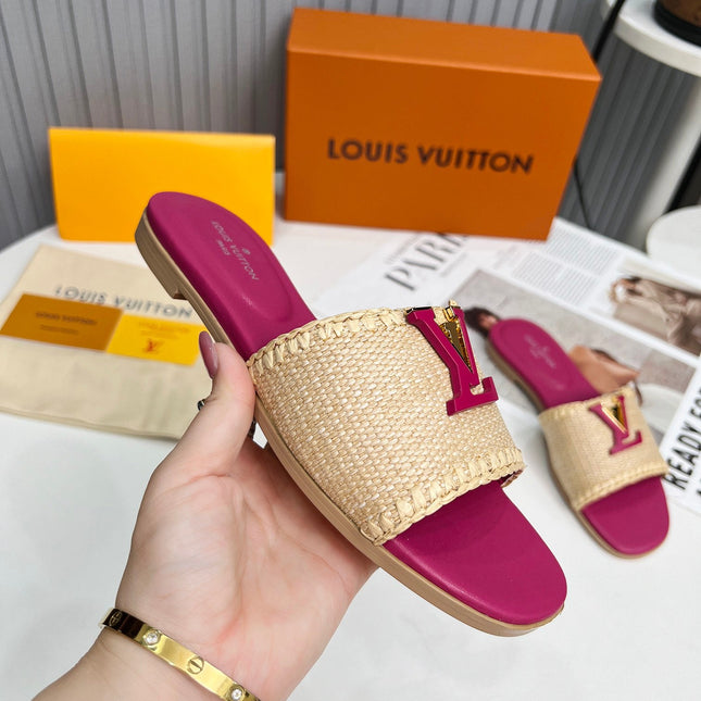 LV 26S FLAT SLIDES IN PINK CALFSKIN AND BEIGE RAFFIA