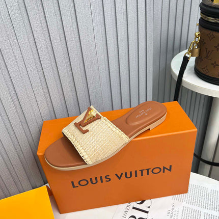 LV 26S FLAT SLIDES IN BROWN CALFSKIN AND BEIGE RAFFIA