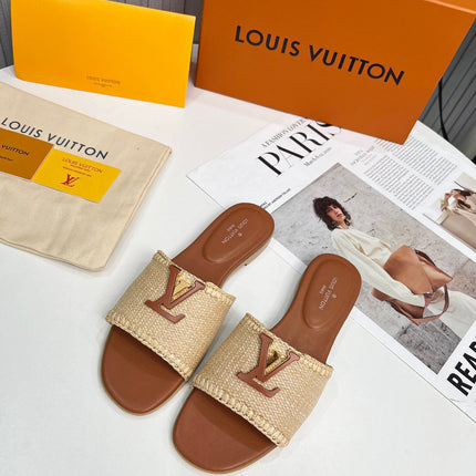 LV 26S FLAT SLIDES IN BROWN CALFSKIN AND BEIGE RAFFIA