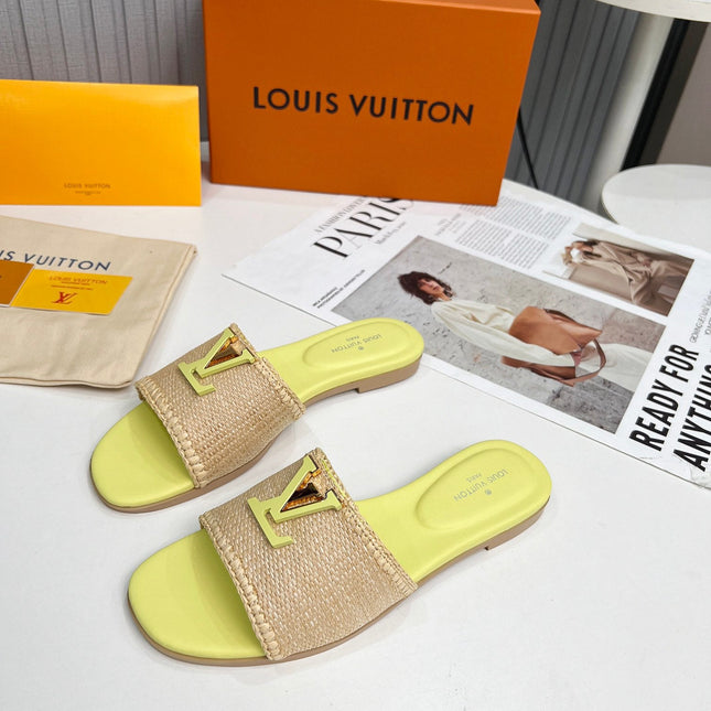 LV 26S FLAT SLIDES IN LIGHT YELLOW CALFSKIN AND BEIGE RAFFIA