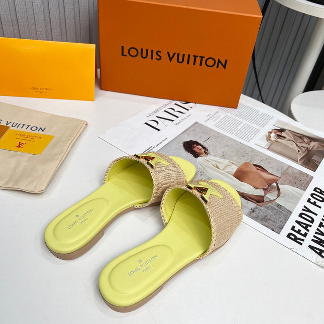 LV 26S FLAT SLIDES IN LIGHT YELLOW CALFSKIN AND BEIGE RAFFIA
