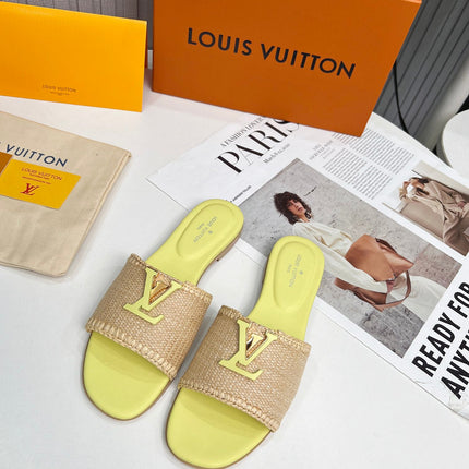 LV 26S FLAT SLIDES IN LIGHT YELLOW CALFSKIN AND BEIGE RAFFIA
