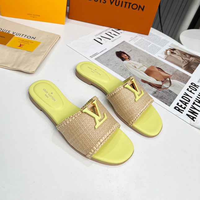 LV 26S FLAT SLIDES IN LIGHT YELLOW CALFSKIN AND BEIGE RAFFIA