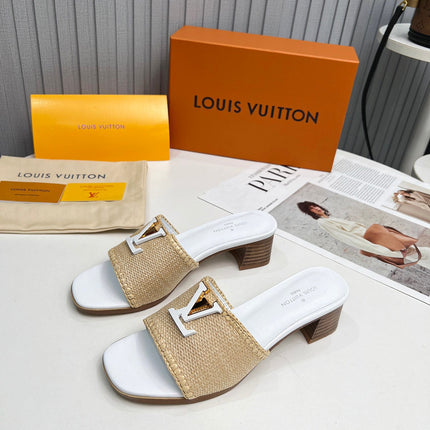 LV 26S CAPRI HIGH-HEELED MULES IN WHITE CALFSKIN AND BEIGE RAFFIA