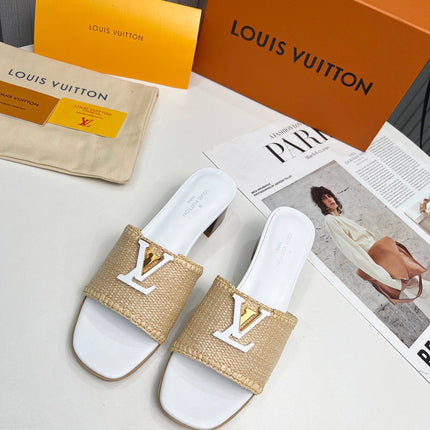 LV 26S CAPRI HIGH-HEELED MULES IN WHITE CALFSKIN AND BEIGE RAFFIA