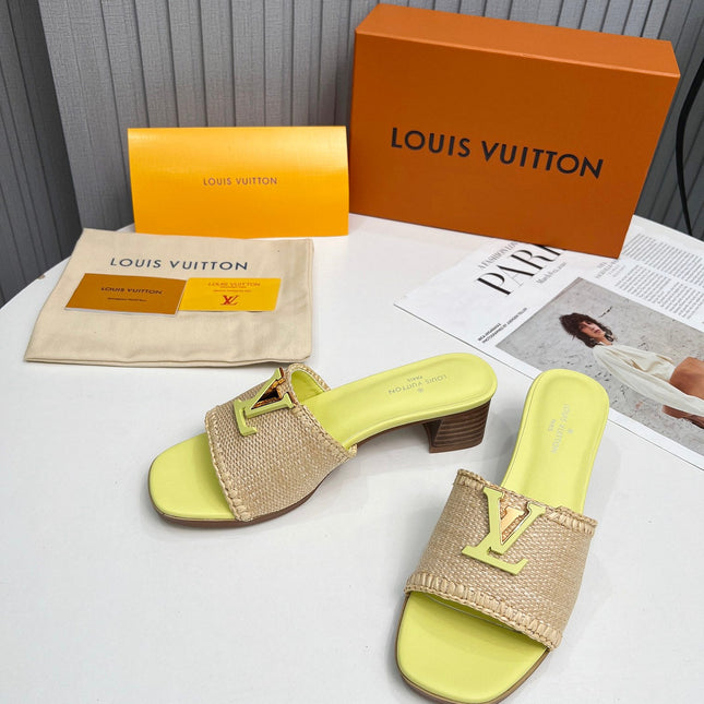 LV 26S CAPRI HIGH-HEELED MULES IN LIGHT YELLOW CALFSKIN AND BEIGE RAFFIA