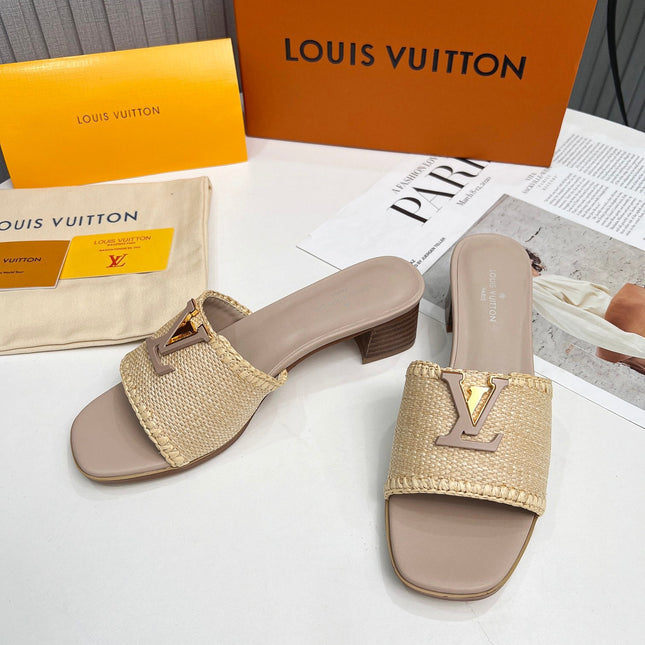 LV 26S CAPRI HIGH-HEELED MULES IN DARK BEIGE CALFSKIN AND RAFFIA