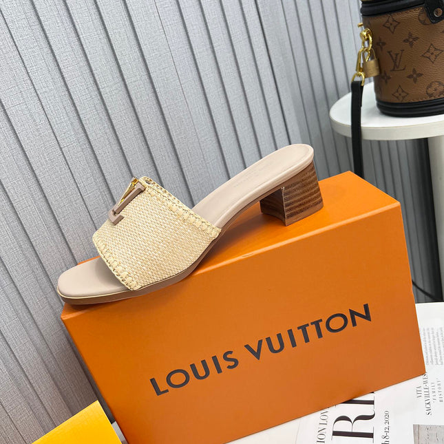 LV 26S CAPRI HIGH-HEELED MULES IN DARK BEIGE CALFSKIN AND RAFFIA