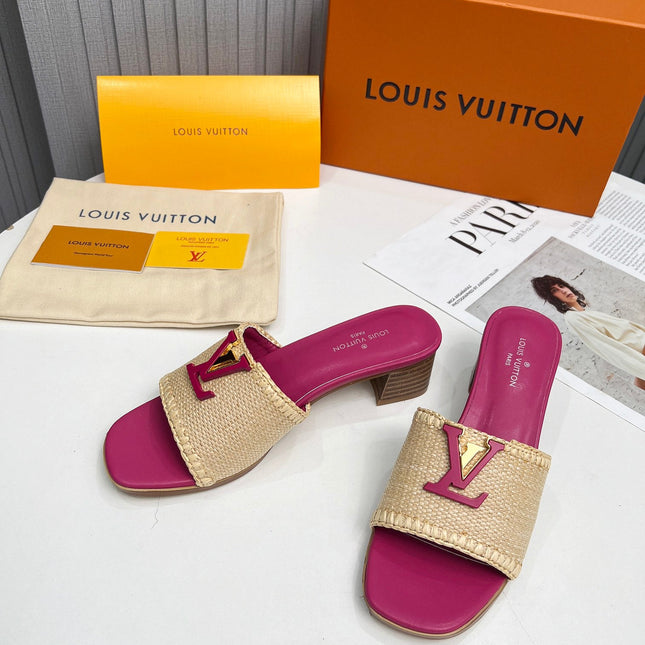 LV 26S CAPRI HIGH-HEELED MULES IN PINK CALFSKIN AND BEIGE RAFFIA