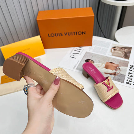 LV 26S CAPRI HIGH-HEELED MULES IN PINK CALFSKIN AND BEIGE RAFFIA