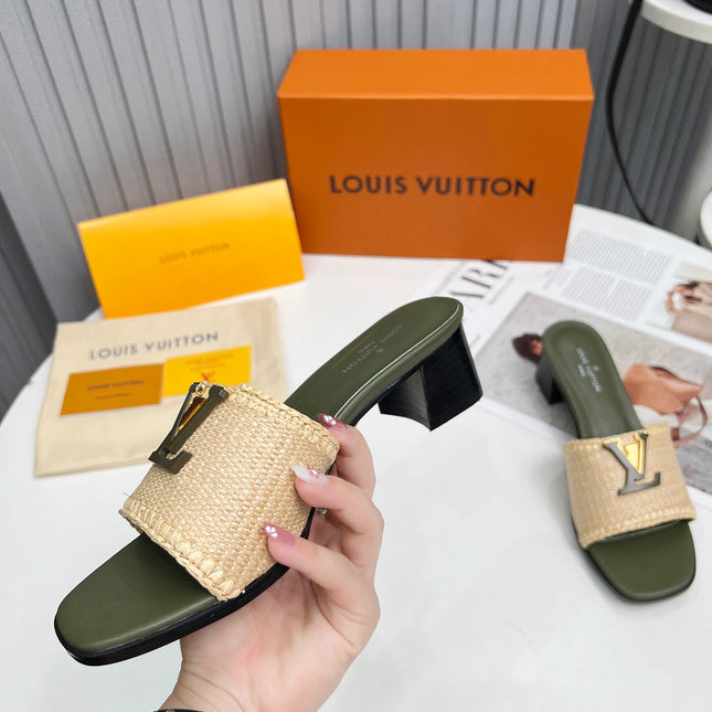 LV 26S CAPRI HIGH-HEELED MULES IN MOSS GREEN CALFSKIN AND BEIGE RAFFIA