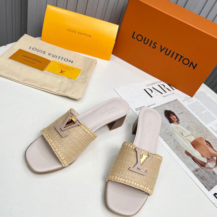 LV 26S CAPRI HIGH-HEELED MULES IN ASH BEIGE CALFSKIN AND RAFFIA